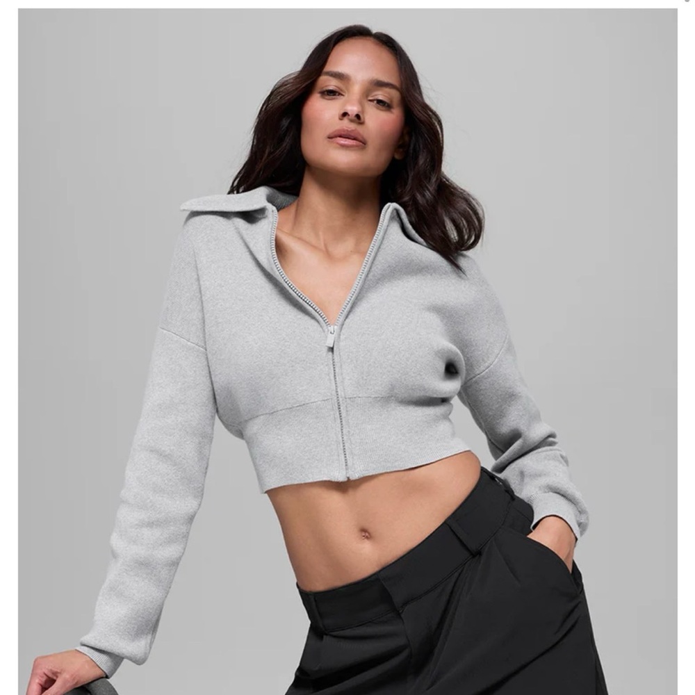 ALO Yoga Scholar Knit Cropped Full Zip Jacket Small Heather Grey